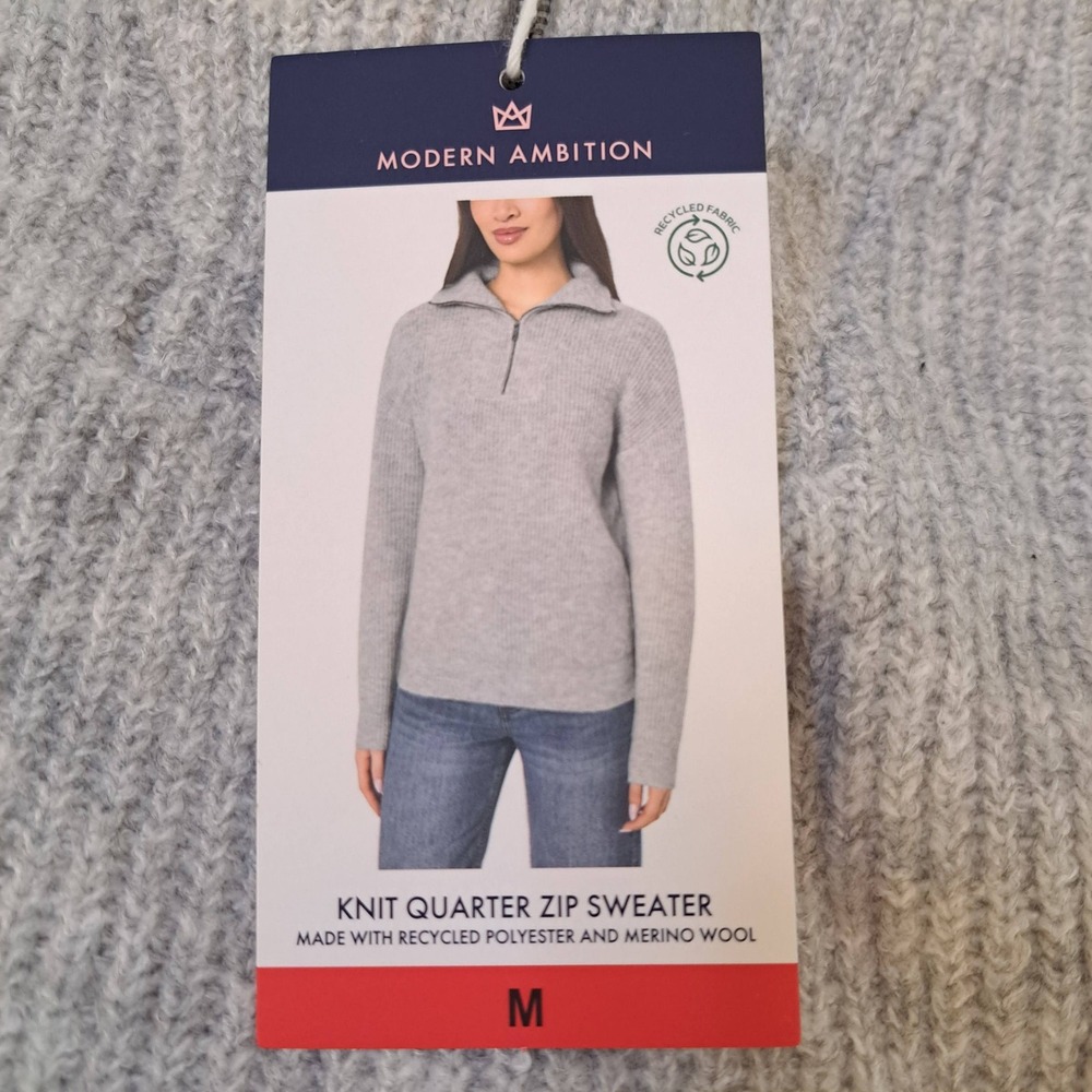 Modern Ambition Knit Quarter Zip Sweater Womens M Gray NWT Ribbed 1539-200